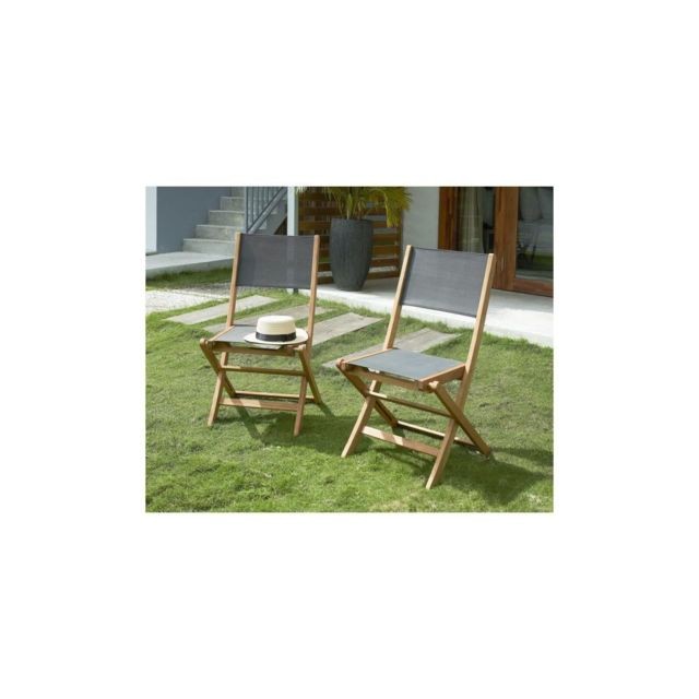 Ensembles tables et chaises Sans Marque Lot de 2 chaises en bois dacacia FSC et textilene - Gris