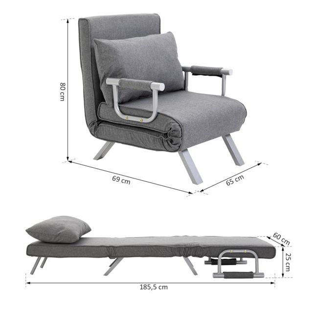 Homcom Fauteuil chauffeuse canapé-lit convertible 1 place déhoussable grand confort coussin pieds accoudoirs métal lin gris clair