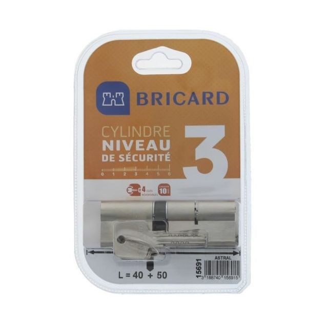 Bricard - BRICARD ASTRAL 15691 Cylindre 40+50 mm double entrée laiton nickelé - Cylindre bricard