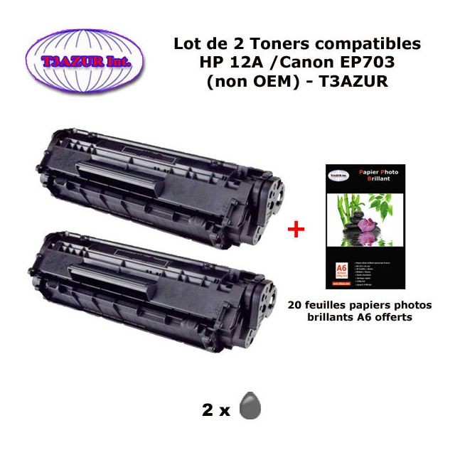 T3Azur - 2 Toners génériques Canon EP703 pour imprimante Canon LBP2900 LBP3000 LBP 2900 3000  EP 703 +10f papiers photos A6 -T3AZUR T3Azur  - Toner