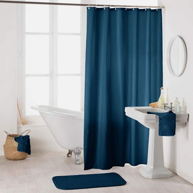 Douceur D'Interieur - Rideau de douche en polyester uni avec crochets - L 200 x l 180 cm - Bleu nuit - Rideaux douche Douceur D'Interieur