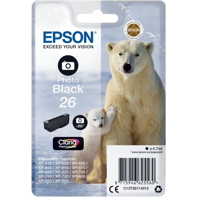 Epson - C13T26114012 cartouche d'encre noir ""OURS POLAIRE"" série 26 authentique - Claria Premium N Photo Epson - Cartouche d'encre Epson