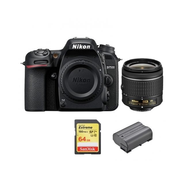 Nikon - NIKON D7500 KIT AF-P 18-55mm F3.5-5.6G VR + 64GB SD card + EN-EL15A Battery - Reflex Numérique Nikon