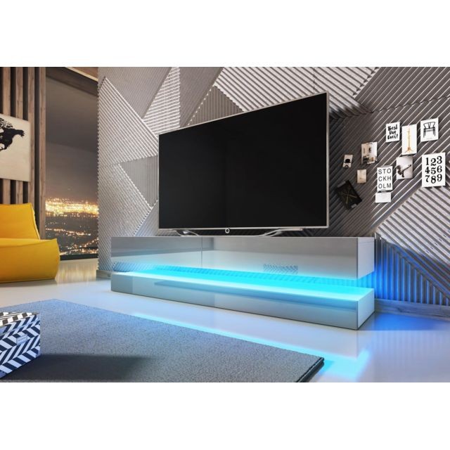 Meubles TV, Hi-Fi Vivaldi VIVALDI Meuble TV - FLY - 140 cm - blanc mat / gris brillant - avec LED - style moderne
