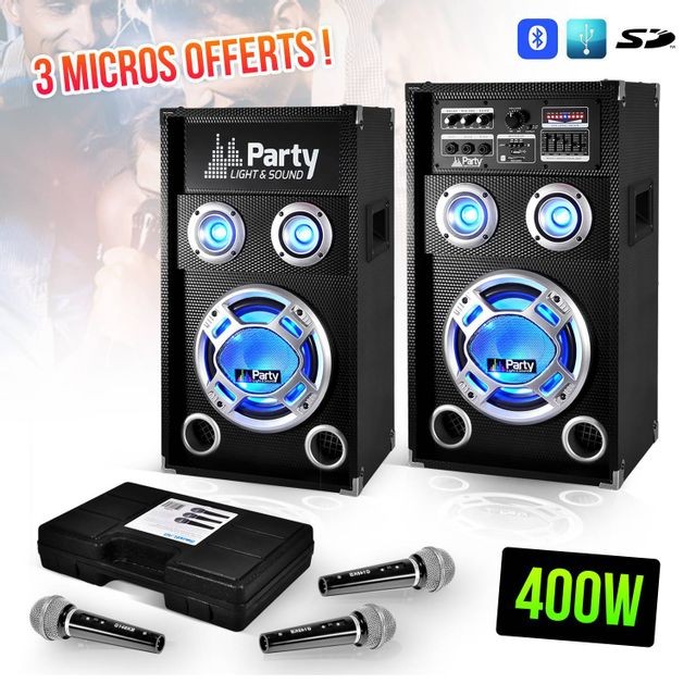 Party Light & Sound - Système karaoké 2 enceintes à LEDs 2 voies 10""/25cm 400W BT/USB/SD + Kit malette de 3 MIC - Party Light & Sound