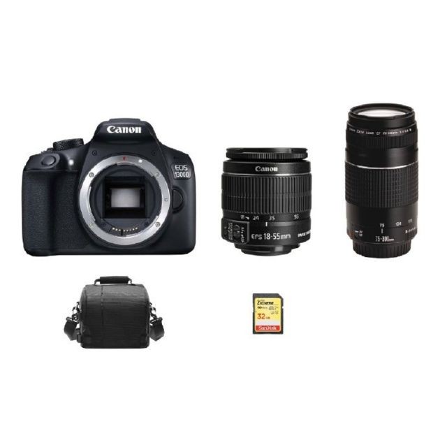 Canon - CANON EOS 1300D KIT EF-S 18-55mm F3.5-5.6 IS II + EF 75-300mm F4-5.6 III + 32G SD card + camera Bag - Reflex Numérique