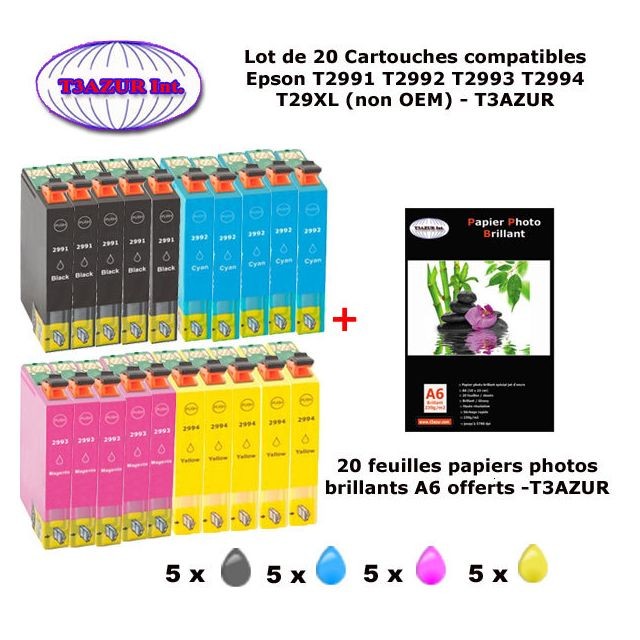 T3Azur - 20 Pack Compatible EPSON 29XL pour Expression Home XP 235 245 247 332 335 342 345 432 435 442 445+20f A6 brillantes-T3AZUR T3Azur  - Epson xp 235