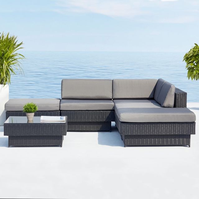 Concept Usine - Amorgos gris : salon de jardin d'angle en résine tressée noire poly rottin - Ensembles canapés et fauteuils 5 places