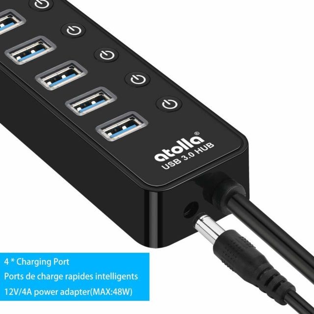 Atolla Atolla Hub USB 3.0 Multiprise 11 Ports, USB 7-Ports Transfert de données 5Gbps + 4-Ports Charge Intelligente avec des commutateurs et des LEDs d'alimentation individuels et Adaptateur 12V/4A(210)