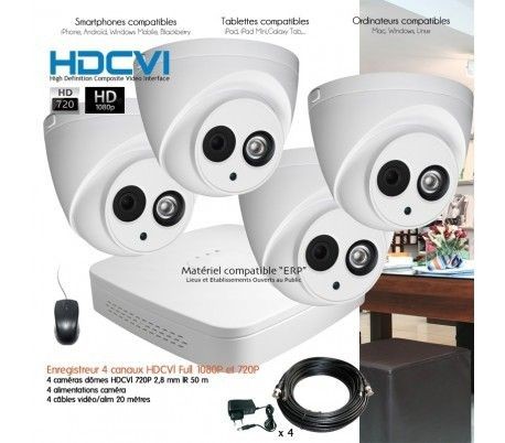 Caméra de surveillance connectée Dahua Système de vidéo surveillance HDCVI avec 4 caméras dômes Capacité du disque dur - Disque dur de 1 To (+ 79 )