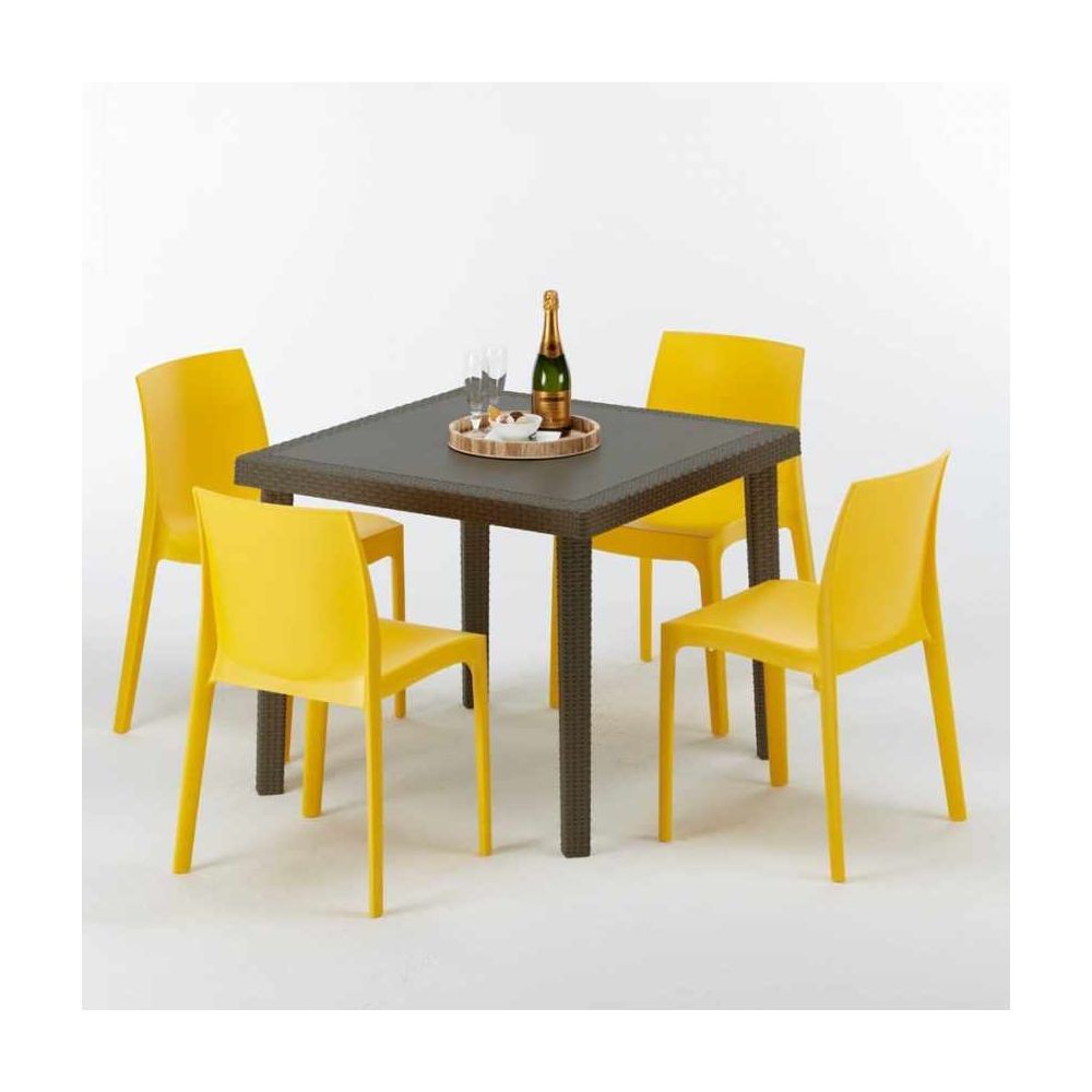 Grand Soleil Table carrée et 4 chaises colorées Poly-rotin résine 90x90 marron, Chaises Modèle: Rome jaune