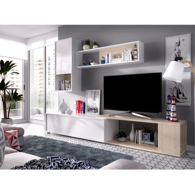 Vente-Unique Mur TV modulable GAMBIE - avec rangements - Coloris : Blanc & Chêne