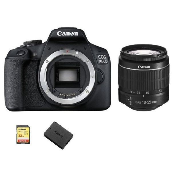 Canon - CANON EOS 2000D Black KIT EF-S 18-55mm F3.5-5.6 III + 32GB SD card + LP-E10 Battery - Reflex Numérique