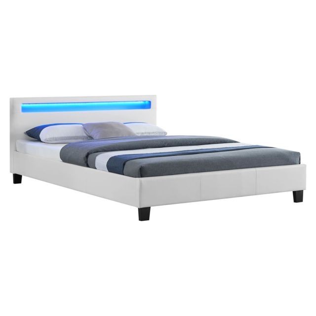 Idimex - Lit double pour adulte PINOT avec sommier 140x190 cm 2 places 2 personnes, tête de lit avec LED intégrées, en synthétique blanc - Lit toboggan Cadres de lit