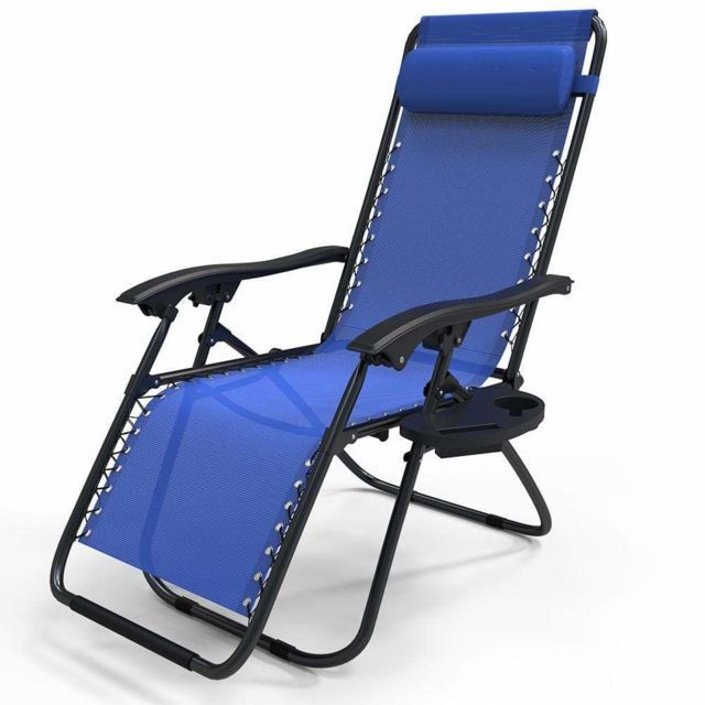 Transats, chaises longues Vounot Chaise longue inclinable en textilene avec porte gobelet et portable bleue
