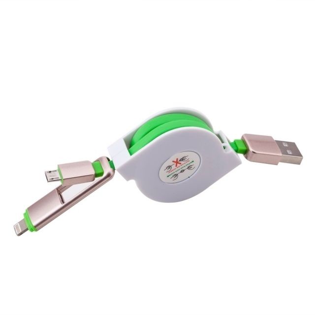 Câble USB Wewoo Câble vert pour iPhone, iPad, Samsung, HTC, LG, Sony, Huawei, Lenovo, Xiaomi et autres smartphones 1m 2 dans 1 multi-fonctionnel rétractable Lightning Micro USB vers USB de données / chargeur,