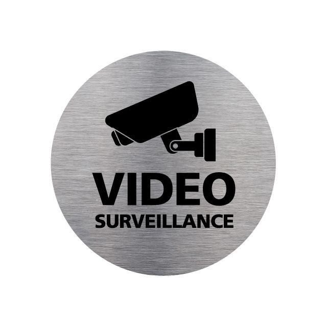 Signaletique Biz - Plaque d'Information Vidéo Surveillance en Aluminium Brossé Inoxydable - Diamètre 83 mm - Double face autocollant adhésif au dos - Extincteur & signalétique