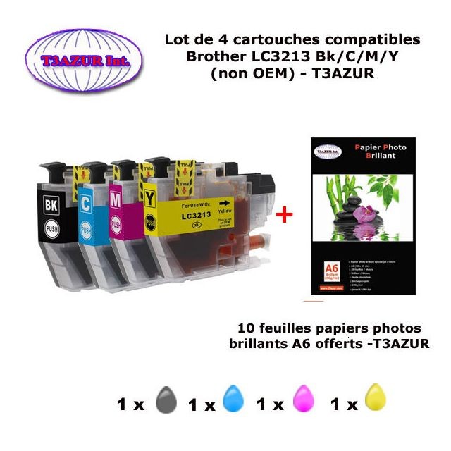 T3Azur - Pack 4 Cartouches compatibles Brother LC3213XL pour Brother DCP J772DW, J774DW, MFC J890DW, J895DW + 10f A6 brillants - T3AZUR T3Azur  - Cartouche, Toner et Papier