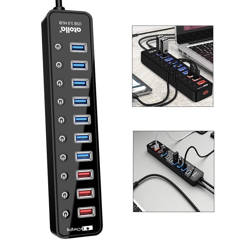 Atolla - Atolla Hub USB alimenté, hub USB 3.0 4 ports et plus dédiés à la  charge avec commutateurs de marche / arrêt, adaptateur secteur inclus Hub  USB 3.0 avec alimentation externe(U06K) 