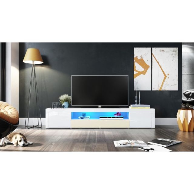 Meubles TV, Hi-Fi Meuble tv moderne laqué blanc et crème 200 cm  avec led