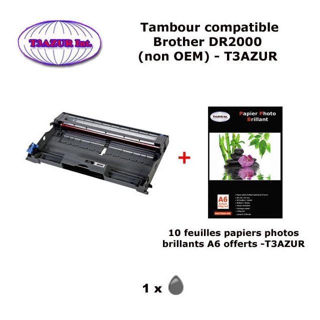 T3Azur - Tambour compatible DR2000 pour imprimante Brother HL 2020 2030 2032 2040 2050 2070N+ 10f A6 brillants - T3AZUR T3Azur  - Cartouche, Toner et Papier