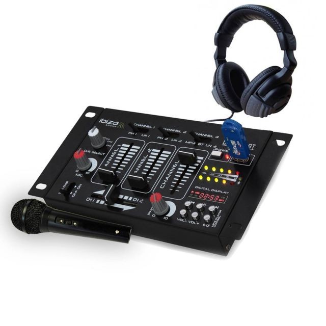 Ibiza Sound - Pack table de mixage 4 voies 7 entrées USB/BT + casque + micro noir - Tables de mixage