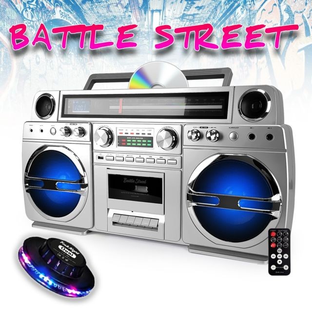 Black Panther - Ghetto-Blaster portable Bluetooth avec lecteur CD / Cassette - 60W - USB - Battle-Street + Light OVNI RVB Black Panther   - Black Panther