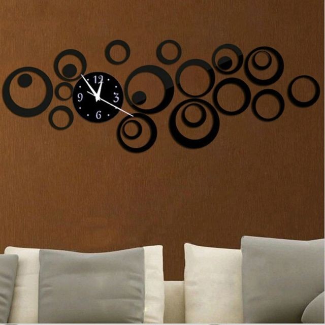 Wewoo - Horloge murale 3D en trois dimensions acrylique miroir de mode Stickers muraux DIY Cercle Combinaison Décorative Noir - Horloges, pendules Bambou et noir