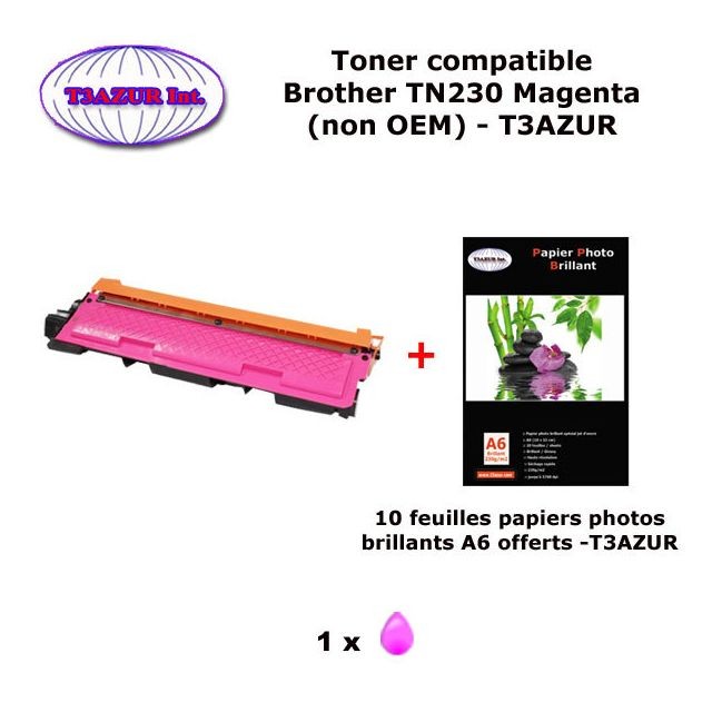 T3Azur - Toner compatible TN230 M pour imprimante Brother DCP 9010CN ,HL 3040CN 3070CW ,MFC 9120CN 9320CW Magenta+10f A6 brillants-T3AZUR T3Azur  - Cartouche d'encre