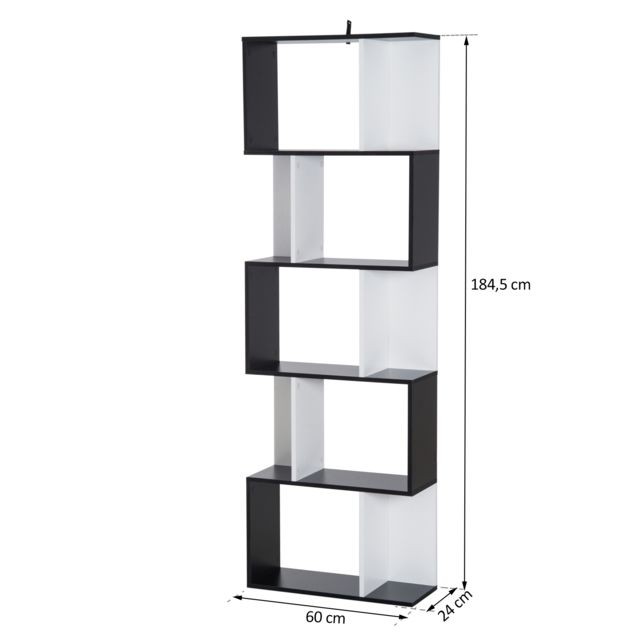 Homcom Bibliothèque étagère meuble de rangement design contemporain en S 5 étagères 60L x 24l x 185H cm noir blanc