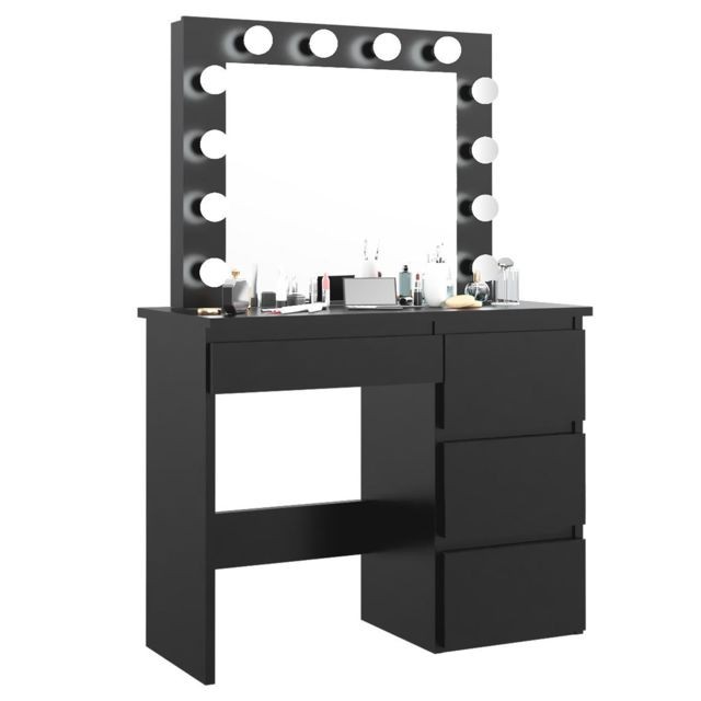 Pegane - Coiffeuse avec 4 tiroirs et miroir LED coloris noir - H75 x L94 x P43 cm - Pegane