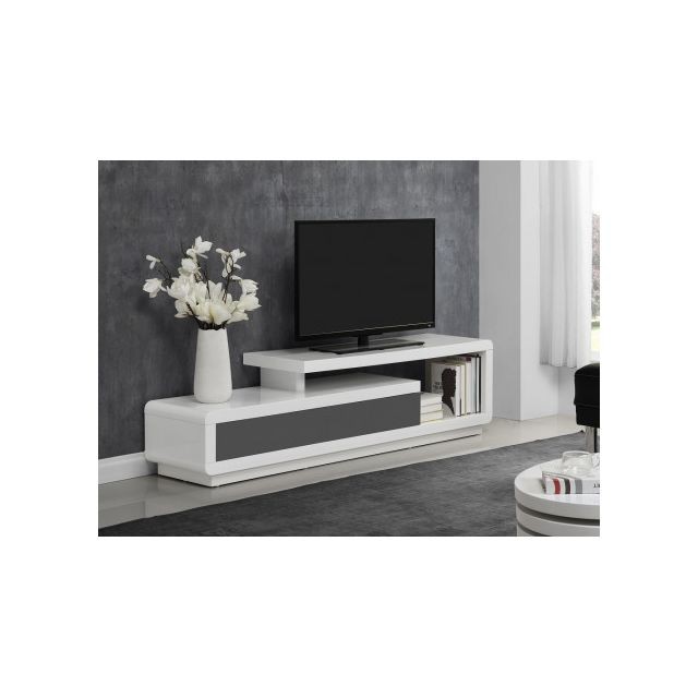 Vente-Unique - Meuble TV ARTABAN - 2 tiroirs - MDF laqué - Blanc et gris - Meuble TV Blanc Meubles TV, Hi-Fi