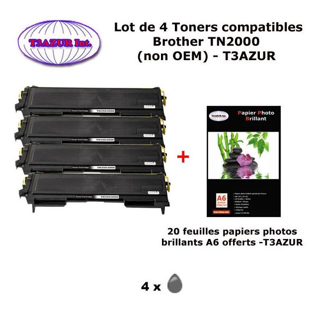 T3Azur - 4 Toners compatibles TN2000, TN2005 pour imprimante Brother HL 2020 2030 2032 2035 2037 2040 2050 20+ 20f A6 brillants - T3AZUR T3Azur  - Cartouche d'encre