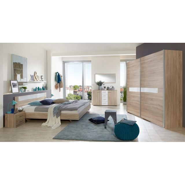Pegane - Chambre à coucher complète, imitation chêne, rechampis verre blanc + chrome - Dim : 140 x 200 cm - PEGANE - Pegane  - Chambre complète