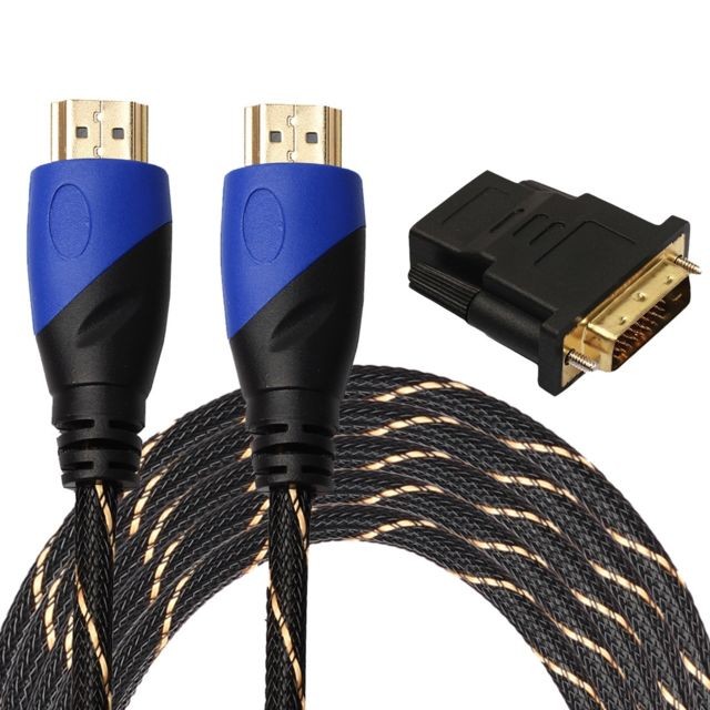 Câble Ecran - DVI et VGA Wewoo Câble noir 5 m HDMI 1.4 Version 1080P Tissé Net Ligne Bleu Tête HDMI Mâle à HDMI Audio Vidéo Connecteur Adaptateur avec DVI Set