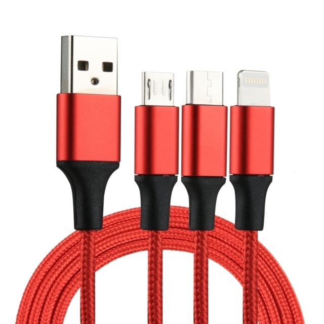 Wewoo - Câble rouge pour iPhone / iPad / Galaxy / Huawei / Xiaomi / LG / HTC / Meizu et autres smartphone 2A 1.2m 3 en 1 USB à Lightning USB-C / Type-C Micro USB de chargement en Nylon Weave, - Câble Lightning Wewoo