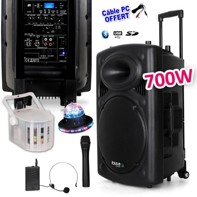 Retours de scène Ibiza Sound Enceinte sur batterie 700W Bluetooth USB + Micros IBIZA PORT12VHF-BT + Derby Kolor LytOr + Effet ROUNDIAMS + Câble PC