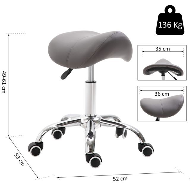 Homcom Tabouret de massage tabouret selle ergonomique pivotant 360° hauteur réglable P.U gris chromé