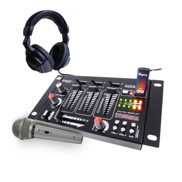 Ibiza Sound - Pack table de mixage 4 voies 7 entrées USB + casque + micro silver - Tables de mixage