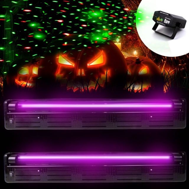 Ibiza Light - 2 réglettes tube néon UV lumière noire + Laser Light soirée Halloween - Eclairage de soirée
