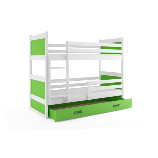 Interbeds - Lit superposé rico 160x80 avec matelas sommiers et tiroir en blanc+vert - Interbeds