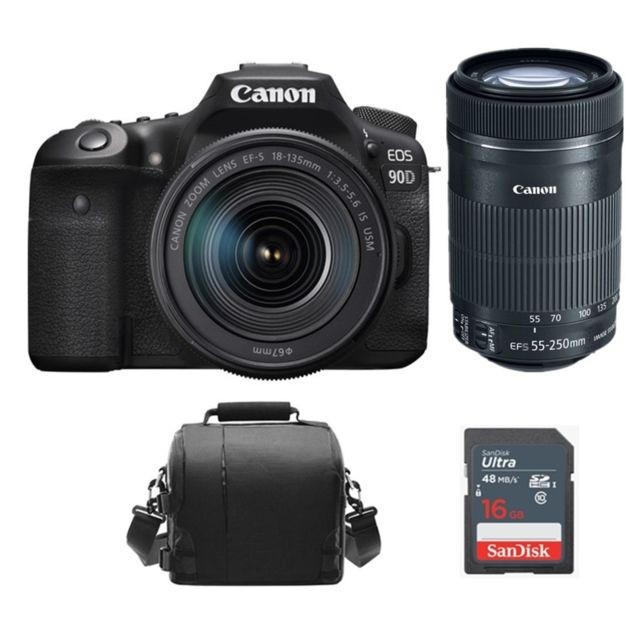 Canon - CANON EOS 90D Kit EF-S 18-135mm F3.5-5.6 IS USM + EF-S 55-250MM F4-5.6 IS STM + Camera Bag + 16GB SD card Canon  - Reflex Numérique