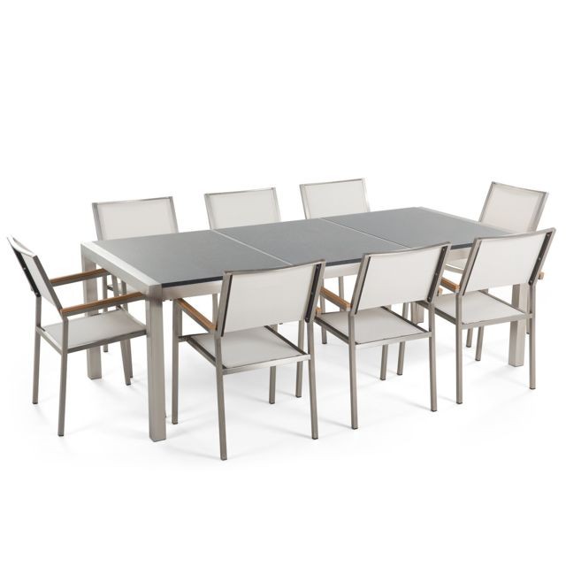 Ensembles tables et chaises Beliani Table de jardin plateau granit gris poli 220 cm 8 chaises blanches GROSSETO
