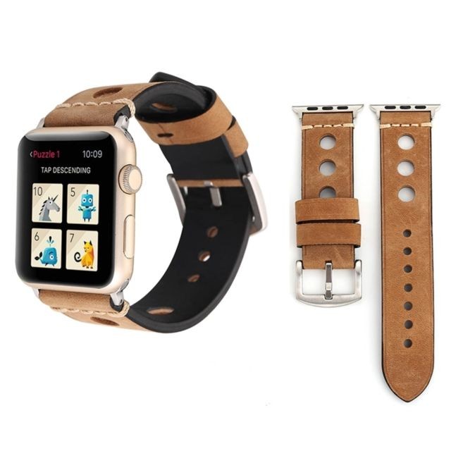 Wewoo - Bracelet kaki pour Apple Watch Series 3 & 2 & 1 38mm Rétro Hole en Cuir Véritable Kaki Wewoo  - Montre et bracelet connectés