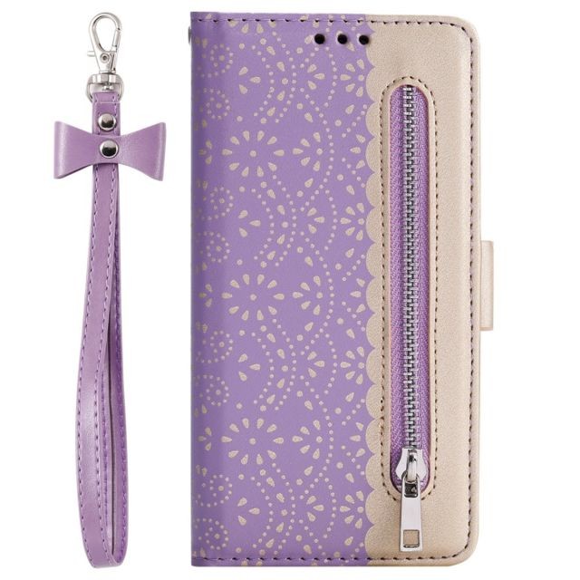 Coque, étui smartphone marque generique Etui en PU Pochette zippée à motif de fleurs en dentelle avec cordon violet pour votre Samsung Galaxy A40