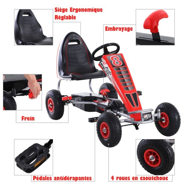Véhicule à pédales Kart à pédales Go-Kart enfants 121L x 65l x 76H cm Ø roues 26 cm siège ergonomique rouge