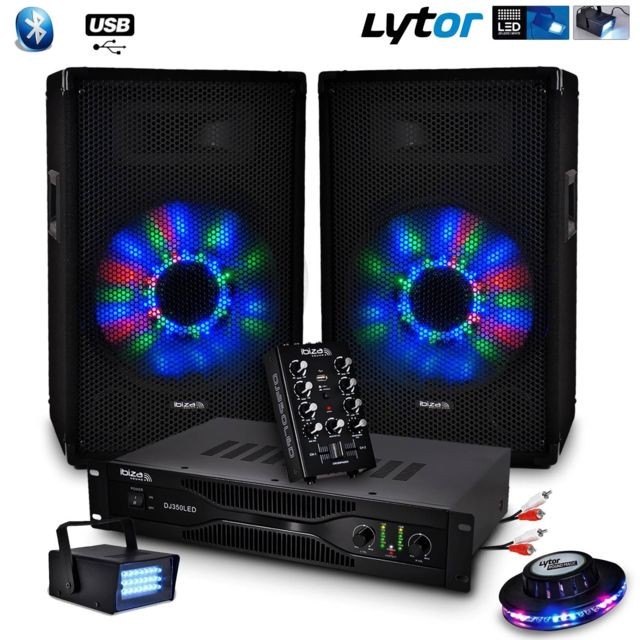 Ibiza Sound - Kit Sono IBIZA DJ350LED 10"" 2X250W + Table mixage USB/BT + Ampli + Micro + effet OVNI LED + Strobe - Sonorisation Ibiza Sound