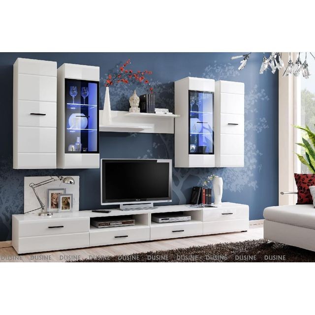 Dusine - Meubles design ALLURE 280 cm Blanc Laqué avec LED pour TV et BOX - Meubles TV, Hi-Fi Rectangulaire
