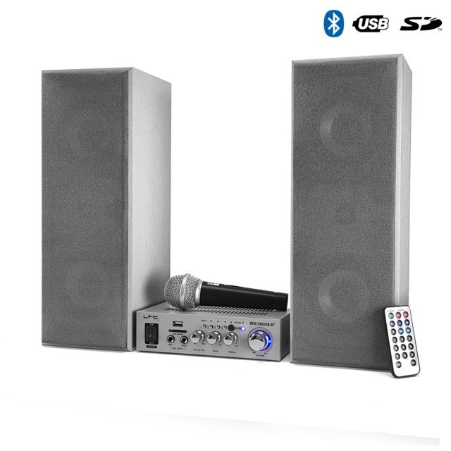 Ltc Audio - Pack HiFi Karaoke 2 Enceintes 100W Silver + Amplificateur Bluetooth/USB/SD + Micro filaire - Pack Enceintes Home Cinéma