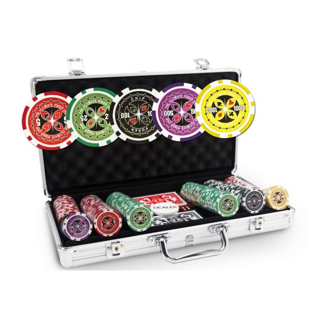 Pokeo - Malette Poker 300 Jetons Pokeo Ultimate - Set de 300 jetons de Poker 13,5g + Mallette Aluminium + 2 jeux de cartes 100% plastique + Bouton Dealer Pokeo  - Jeu de carte plastique
